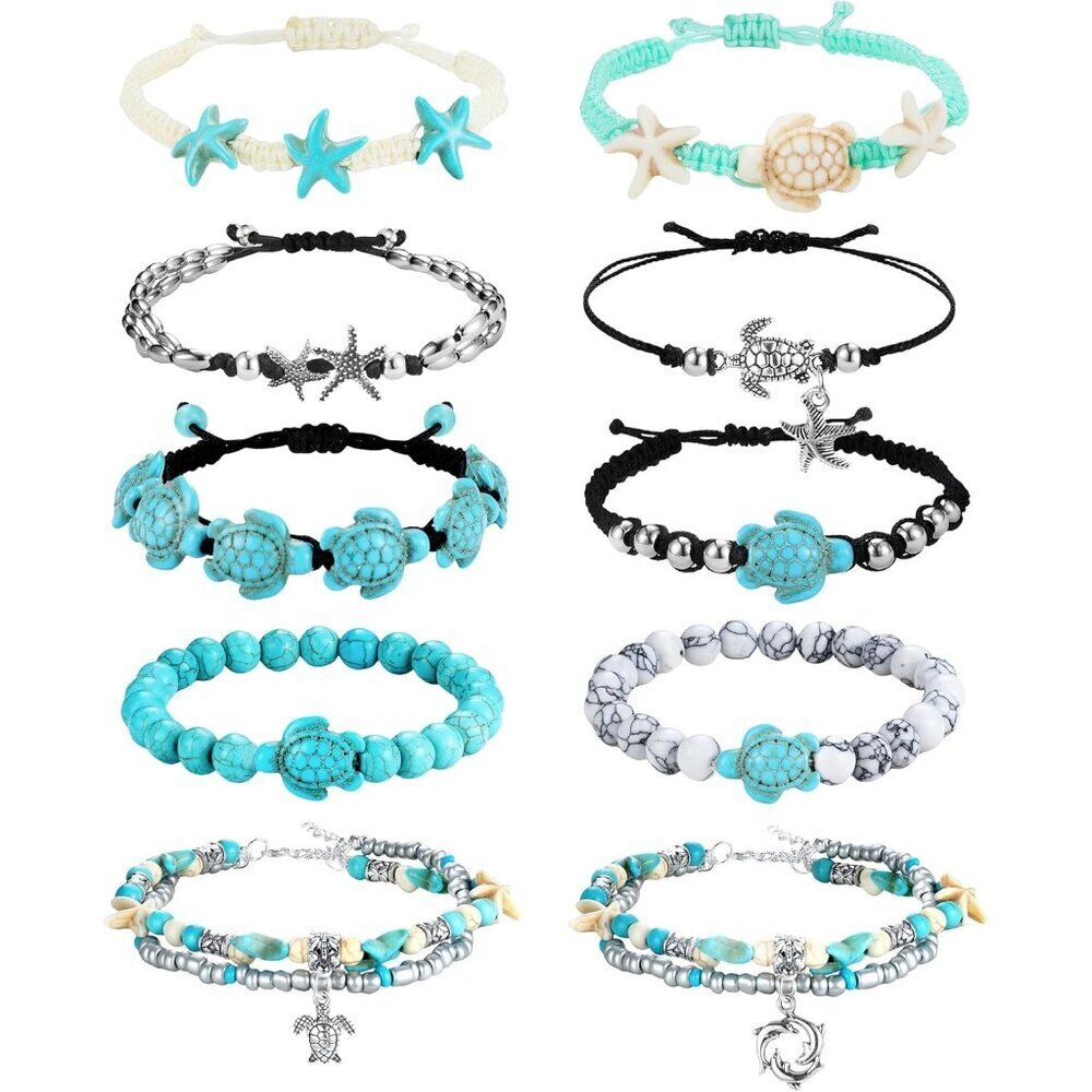10 Pcs Waterproof Turtle Ankle Bracelets - Adjustable Boho Summer Beach Style